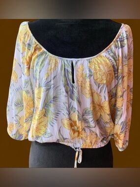 Coastal Cottagecore Yellow & White Floral Crop Top with Tie Front & Scoop Back